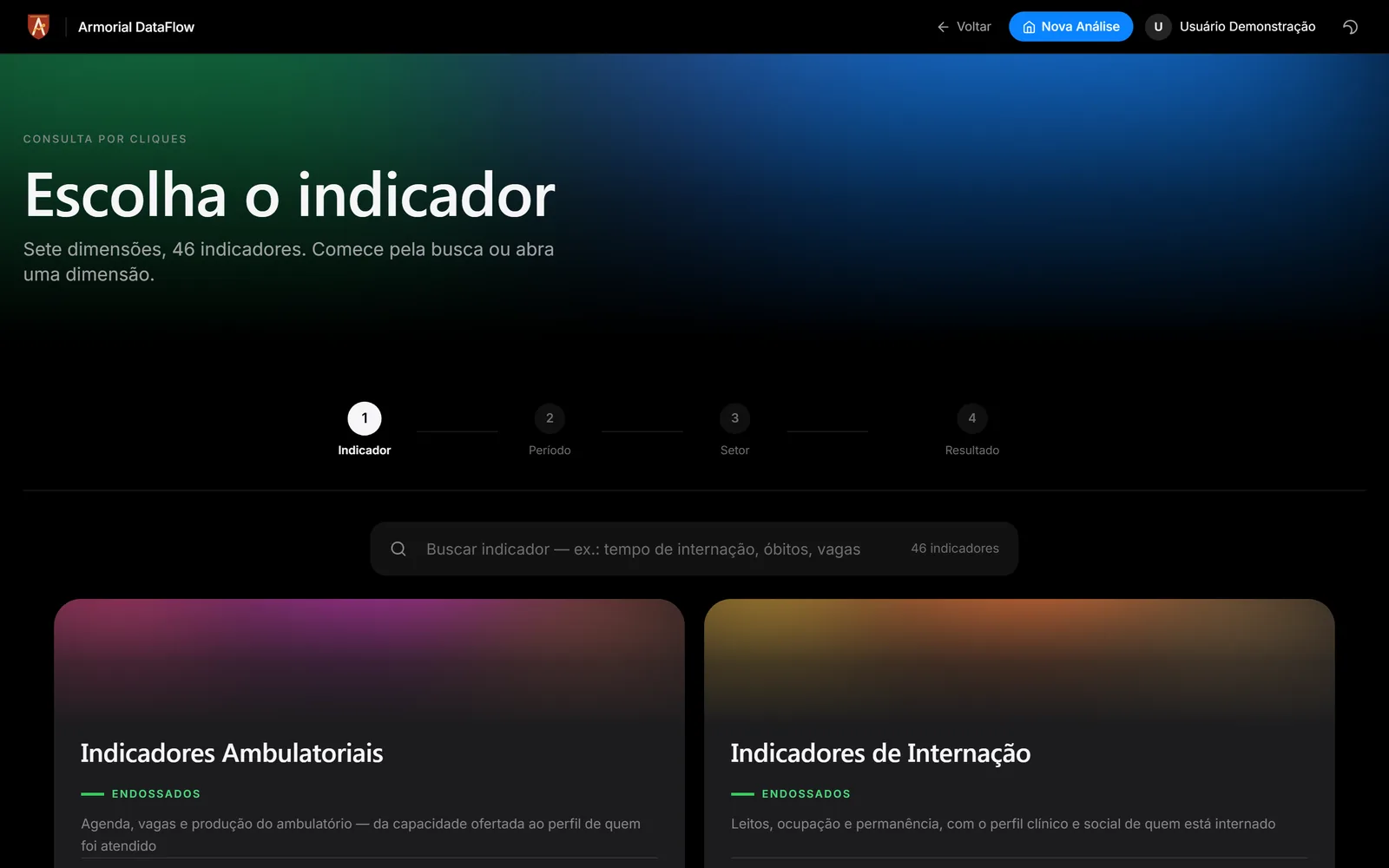Tela de escolha do indicador do Armorial DataFlow, com busca e áreas